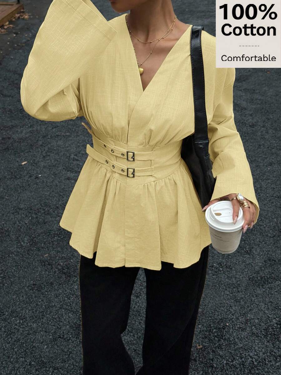 Siren Gaze 双排扣双收腰收腰长袖衬衫，柔软亲肤，适合工作或度假 - 淡黃色 - 查看 1