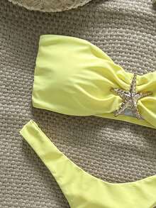 Swim Mod Conjunto de bikini sexy con tirantes finos, decoración de estrella de mar y unicolor para mujer, verano - Amarillo - Ver 4