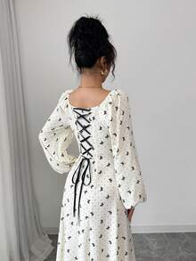 Modelyn Women's Apricot Bow Print Woven Cinched Waist Long Sleeve Elegant Dress - Apricot - View 4