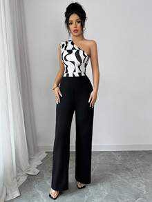 Elenzga Women's 2026 Spring/Summer New Geometric Print Bodycon Jumpsuit - Black - View 7