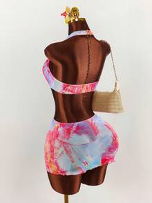 Amplova Women's Printed Halter Neck Cover Up Dress, Sexy Backless Hollow Out Design, Suitable For Vacation - Multicolor - View 3