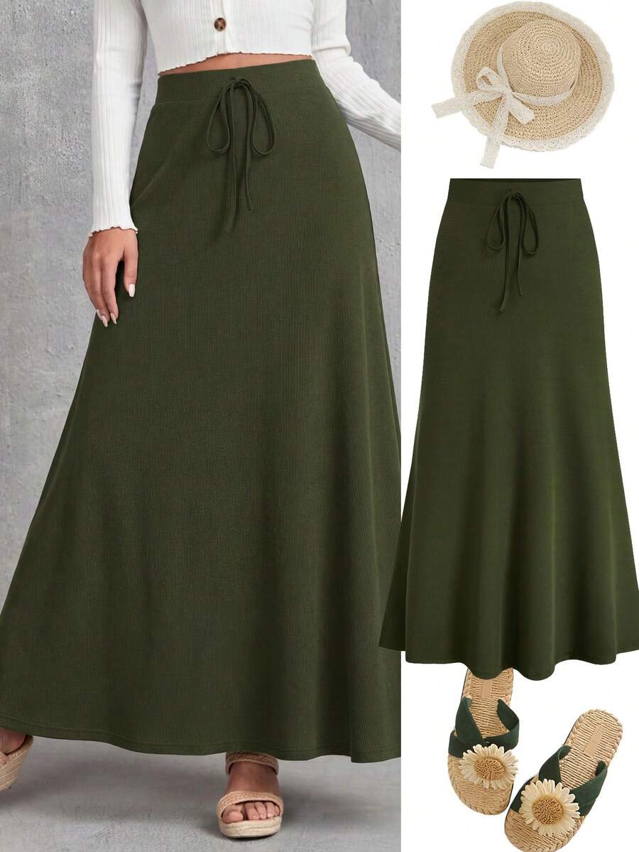 EMERY ROSE Plus Size A-Line Skirt, Knit Bodycon Slit Hem Skirt - Army Green - View 1