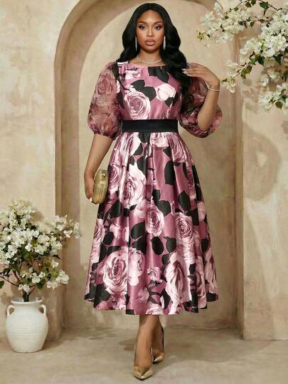 Fleurora Spring And Summer Elegant Commuting Office Work Wedding Colorful Pink Woven Satin Scoop Neck Ball Gown Flared Puff SleeveContrast Mesh Midi Short Sleeve Plus Size Dresses Summer Dress Summer Dresses For Women Summer Outfits For Women Festival Dresses Festival Outfits For Women Graduation Outfit For Mother Dress For Wedding Guest Wedding Guest Dress Graduation Outfit For Mother Birthday Dress Birthday Outfits For Women Elegant Dresses For Women Elegant Dresses Floral Dress Floral Dresses For Women Plus Size Hoo-Ha Print Mesh Patchwork Elegant Dress Women Elegant Outfits Elegant Woman Clothing Elegant Spring Dress Elegant Midi Dress Elegant Dress For Women Wedding Outfit For Women Guest Women's Formal Wear Dress Special Occasion Dresses