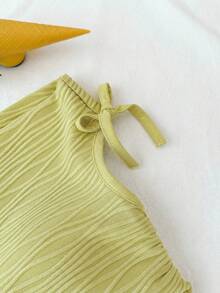 Tween Girl Casual Elegant Vacation Textured Jacquard Asymmetrical Neck Asymmetrical Ruched Cropped T-Shirt Top KIDS - Green - View 3