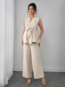 Momance 两件套孕妇纯色V领扭腰上衣和阔腿裤，休闲日常穿着 - 杏色 - 查看 6