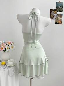 Elamini Y2K风格镂空领系带双层喇叭迷你连衣裙（女款） - 薄荷綠 - 查看 2