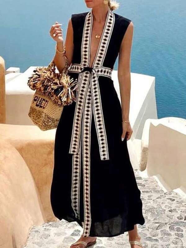 Breezaya Elegant Urban Chic New Arrival Women's Black Deep V-Neck Geometric Trim Tie-Waist Slit Dress, Suitable For Daily Wear, Weddings, Galas, Commute, Graduation Parties, Holidays, Vacations, Dates, Parties, Halloween, Christmas, New Year, Thanksgiving