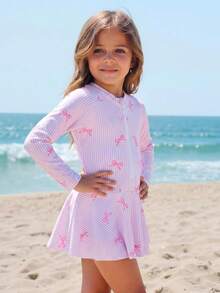 SHEIN 女童蝴蝶结条纹印花拉链长袖连体泳衣 女童长袖泳衣 女童长袖泳衣 女童长袖泳衣 女童长袖泳装 女童长袖泳衣 夏季假期泳装 - 粉色 - 查看 6