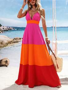 Vivid Eden 撞色拼接V领长款连衣裙，春夏装扮，夏季服装，情人节，度假装，沙滩装 - 彩色 - 查看 4