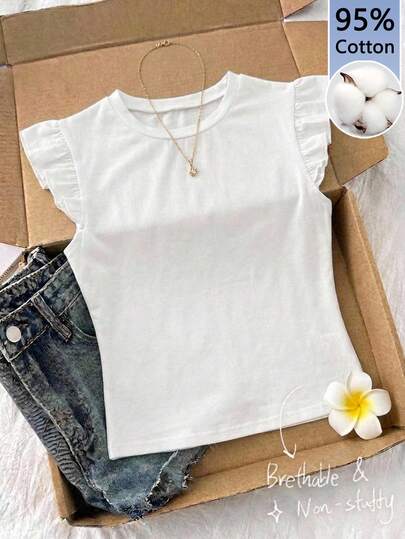 Tseoso Áo thun nữ tay ngắn cổ tròn màu trắng 95% cotton, kiểu dáng casual với tay áo bèo nhún và họa tiết hoa, áo tay ngắn dễ thương thích hợp mặc đi chơi, ở nhà, đi học, mùa xuân hè, phong cách retro vintage, nữ tính nhẹ nhàng, sạch sẽ, đi nghỉ mát bên bờ biển, kỳ nghỉ lãng mạn, nghỉ xuân.