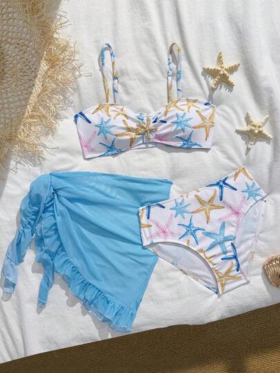 3pcs Starfish Print Swimsuit Set For Girls