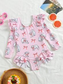 SHEIN 女童条纹蝴蝶结印花长袖连体泳衣 - 彩色 - 查看 3