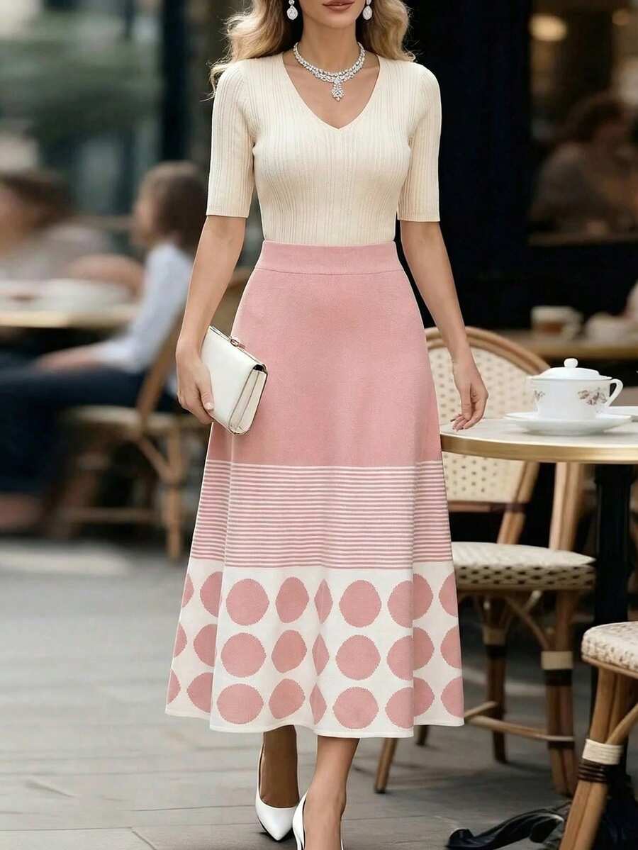 Franclia 优雅几何波点条纹长款A字针织半身裙，休闲百搭，适合通勤，秋冬季穿着 - 彩色 - 查看 1