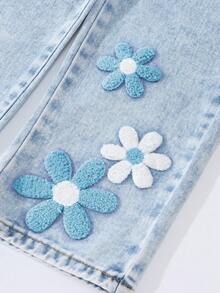 Jeans de pierna ancha con lavado desgastado, estampado de flores y efecto de flocado de copo de nieve, estilo años 90 para niña - Lavado ligero - Ver 6