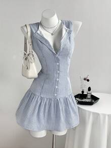 Elamini 女士蓝色条纹无袖收腰迷你连衣裙，休闲百搭，适合海滩度假 - 藍色 - 查看 5