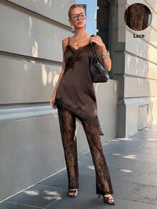 Siren Gaze Conjunto de 2 piezas de top de tirantes con parches de encaje y pantalones de encaje para mujer - Marrón - Ver 6