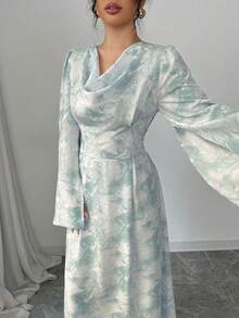 Modelyn 女士蓝色梭织垂褶领口系带腰身喇叭长袖连衣裙 - 藍色 - 查看 9