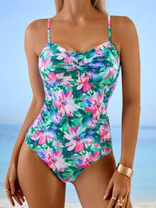 Swim Lushoire Women's Summer Beach Casual Vacation Random Floral Print Twist Ruched One-Piece Swimsuit - Multicolor - View 5