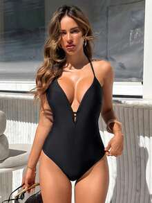 Bonvoyette Women's Black One-Piece Swimsuit,Cute Backless Halter Neck Monokini,Summer Beach Vacation Holiday Cut Out Bathing Suit Swimming Cruise Wear - Black - View 5
