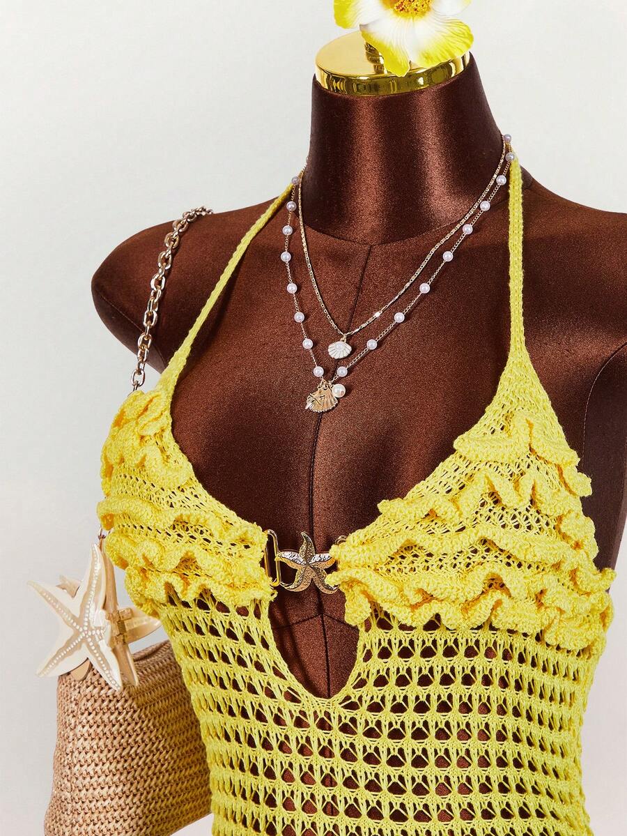 Amplova 女士吊带针织迷你连衣裙，性感前卫，适合度假穿着，饰有可爱海星边饰，腰部透视拼接设计 - 鵝黃色 - 查看 1