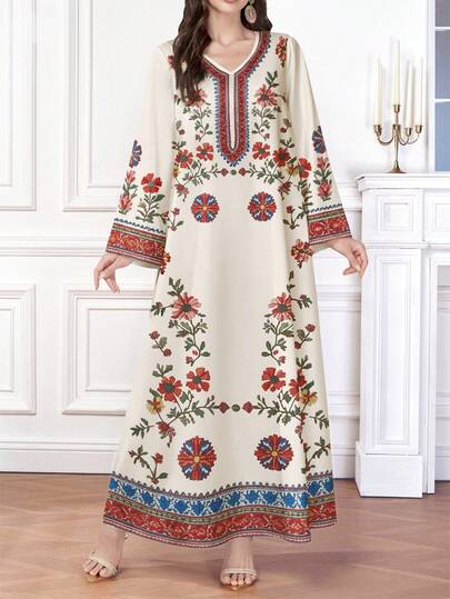 SHEIN Najma Red Floral Branch Retro Pattern Print V-Neck Long Sleeve Maxi Dress, Women's Long Floral Dress, Elegant Arabic Style Outfit, Suitable For Spring/Summer Vacation And Daily Wear