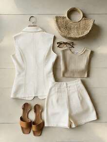 Franclia 女士杏色时尚无袖套装，纹理面料，修身剪裁，高腰短裤，适合通勤、购物、约会、夏季穿着、休闲日常装、轻便办公装，简约时尚套装，百搭通勤装夏季套装，商务休闲夏季服装，奶油色套装，女士优雅夏季服装，法式风格服装，商务休闲夏季服装，优雅夏季服装，夏季套装，夏季办公装，白色女士夏季服装 - 杏色 - 查看 2