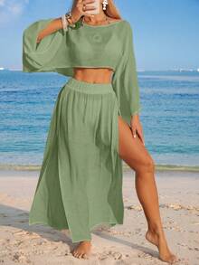 Swim Vcay 女士白色长袖开衩休闲沙滩罩衫两件套 - 軍綠色 - 查看 4