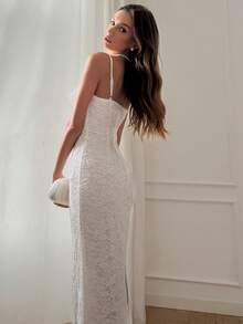 Elenzga New Arrival Romantic French Lace Spaghetti Strap Bodycon Dress, Luxury Elegant Party Evening Gown - White - View 2