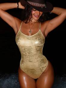 Swim SXY Women's Sexy Backless One-Piece Swimsuit With Gold Foil Straps, Summer Beach Vacation Style - Gold - View 5