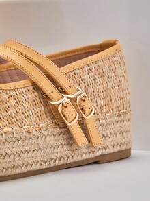 SHUZIA Giày đế xuồng kiểu espadrille mũi tròn thoải mái, thường ngày dành cho nữ, làm từ chất liệu raffia. - Màu be - Xem 9