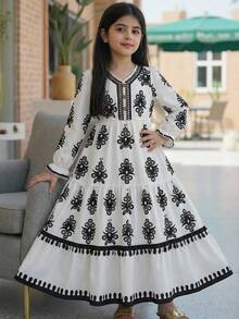 SHEIN Tween Girl Off-White Ditsy Floral V-Neck Long-Sleeved Dress,Elegant Jalabiya Prayer Robe - Red and White - View 4