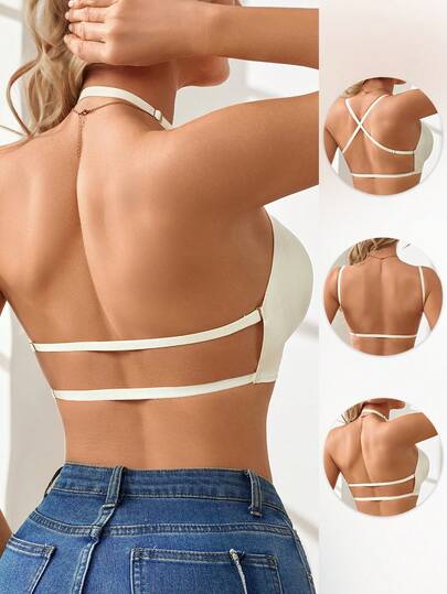 1 pieza Ropa interior y pijamas para mujer Minimalista de unicolor Cómodo Sujetador sin costuras con parches de malla Escote en V profundo Tirantes ajustables Espalda descubierta Convertible