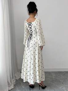 Modelyn Women's Apricot Bow Print Woven Cinched Waist Long Sleeve Elegant Dress - Apricot - View 2