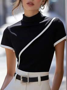 Balvessa Camiseta de mujer de manga corta elegante con ribete blanco y negro - Negro - Ver 1