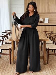 Weeklong Mono con cuello y volantes en las mangas para mujer de talla grande, cintura ceñida, para uso casual y de oficina - Negro - Ver 6