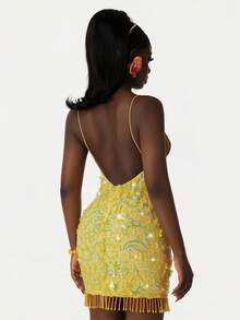 Amplova Party Decal Backless Deep V Sexy Mini Bodycon Dress - Yellow - View 1