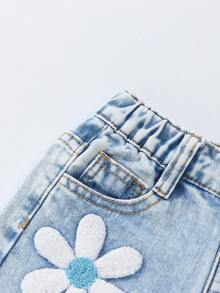Jeans de pierna ancha con lavado desgastado, estampado de flores y efecto de flocado de copo de nieve, estilo años 90 para niña - Lavado ligero - Ver 4