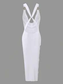 Swim Basics Áo khoác ngoài bikini mùa hè mới 2026 dành cho nữ, màu trắng trơn, chất liệu lưới, khóa kim loại trang trí, cổ khoét sâu, không tay, dáng rộng, gợi cảm. - trắng - Xem 4