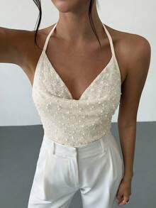 Firerie 女士优雅时尚新款音乐节派对日常假日低领交叉露背系带纹理吊带连体衣，性感露背上衣，杏色纹理面料连体衣，露背系带上衣，夏威夷假日女士连体衣，春夏服装，海滩，通勤，优雅，性感，假日，海滩，波西米亚，夏威夷，音乐节，休闲简约装扮 - 杏色 - 查看 5