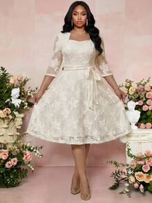 Fleurora White Summer Elegant Bachelorette Party Wedding Bridal Midi Dress,Plus Size Women Floral Embroidery Textured Asymmetrical Neck Belted 3/4 Sleeve Dress - Beige - View 5