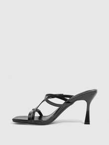 CUCCOO SZL Women Shoes Fashion Women's Square Toe Stiletto Black Stripe Sandals Sexy Party Banquet Date Nightclub Wear Women's High Heel Sandals - Black - View 4