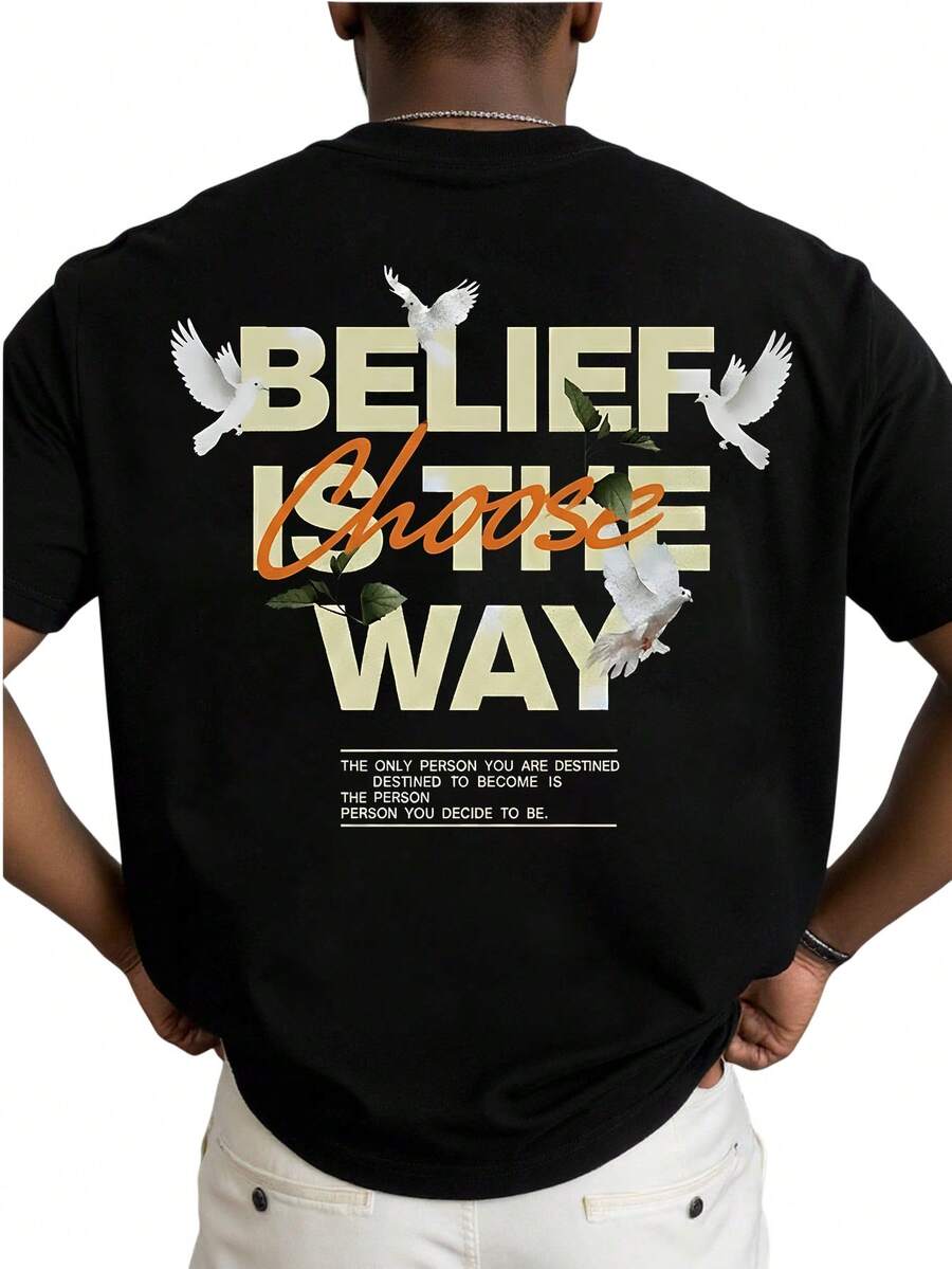 Manfinity LEGND Men's Slogan & Pigeon Print Round Neck Short Sleeve Casual T-Shirt - Black - View 1