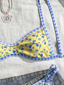 Swim Mod Women's Swimwear Set, Floral & Plaid Print, 2 Pieces Summer Holiday Beach Outfit - Multicolor - View 3