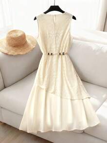 GlowEve 2026春夏新款女士网纱蕾丝钩花贝壳边无袖度假连衣裙 - 杏色 - 查看 2