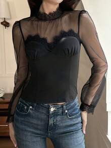 DAZY Spring & Summer Lace Collar Lace Patchwork Sheer Mesh Hollow Out Black Lace Blouse, Cropped Top, Elegant For Valentine's Day, Wedding, Party, Formal Occasion, Slim Fit, Thin Mesh Long Sleeve Ladies T-Shirt - Black - View 4