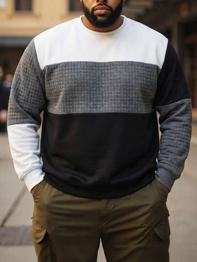 DRIVNCORE Plus Size Men's Contrast Color Patchwork Pullover Sweatshirt , Fall, Long Sleeve Top