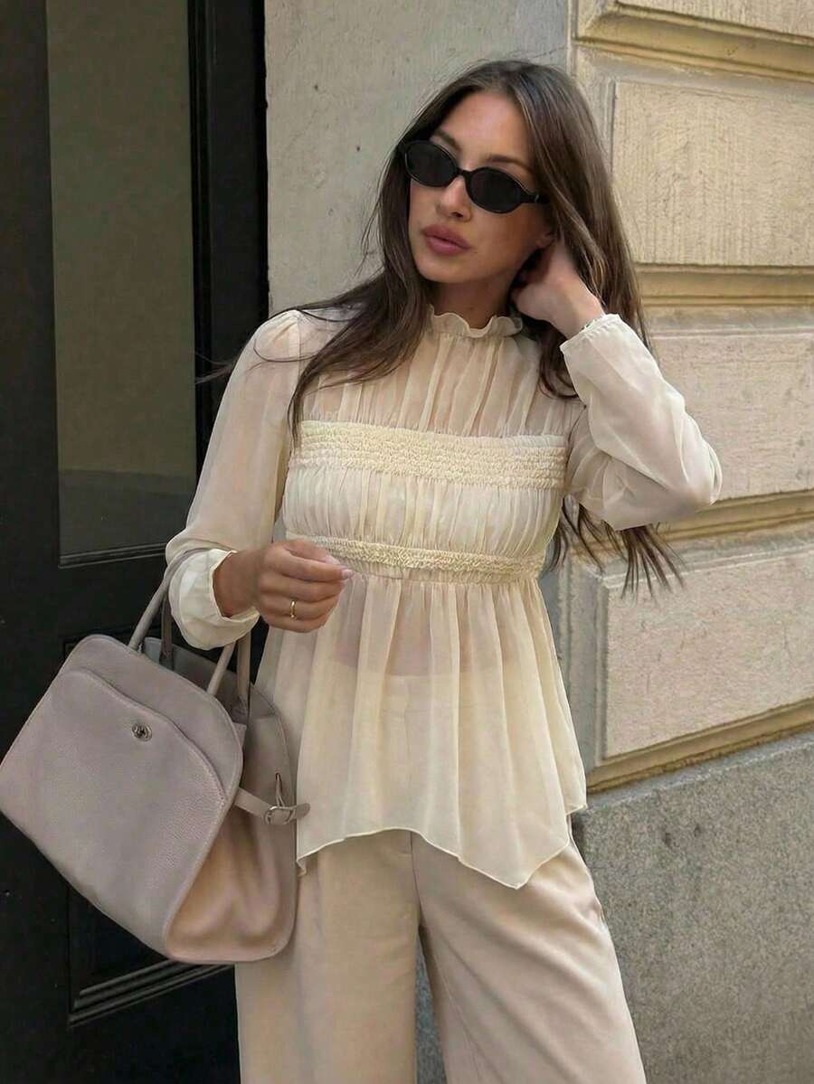 Aloruh Áo cánh nữ màu mơ tay dài boho cổ điển họa tiết chắp vá viền bất đối xứng lãng mạn - Màu be - Xem 1