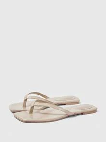 Sleekvia Women Shoes Square Toe Flat Bottom Apricot Flip-Flop Belt Foot Strap Fashion Casual Comfort Daily Versatile Women's Flat Bottom Slippers Sandals Flip-Flops - Stone color - View 2