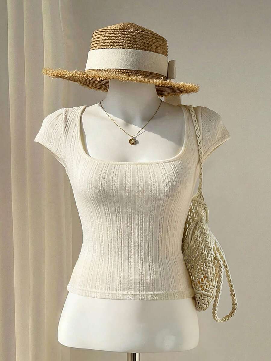 Elamini 女士杏色纹理针织高弹方领短袖修身T恤，甜美性感欧美风，春夏款 - 杏色 - 查看 1