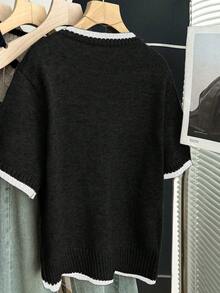Franclia 新款夏季休闲个性拼接撞色优雅针织女式衬衫 - 黑色 - 查看 2